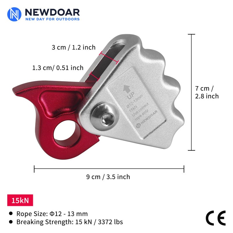 NewDoar Rope Grab Ascender 15KN Riser Adjuster Fits 12mm Rope for Rocking Climbing Protection Rescue(Red) - Image 2